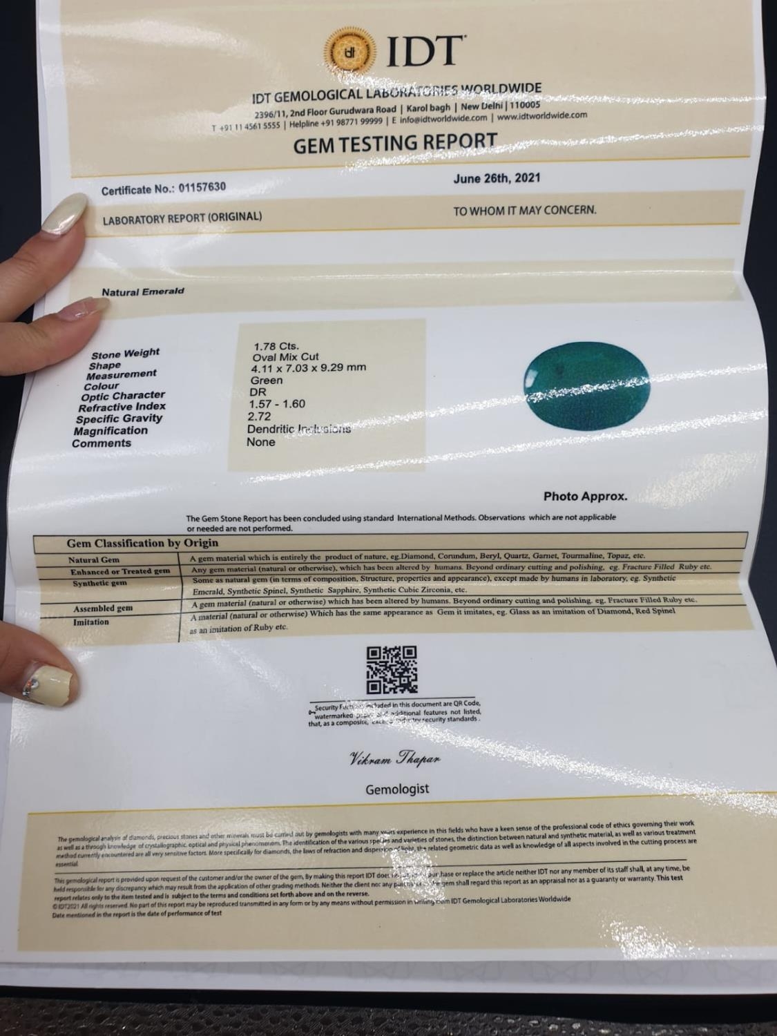 1.78 Ct Natural Emerald. Oval shape. IDT certified - Image 5 of 5