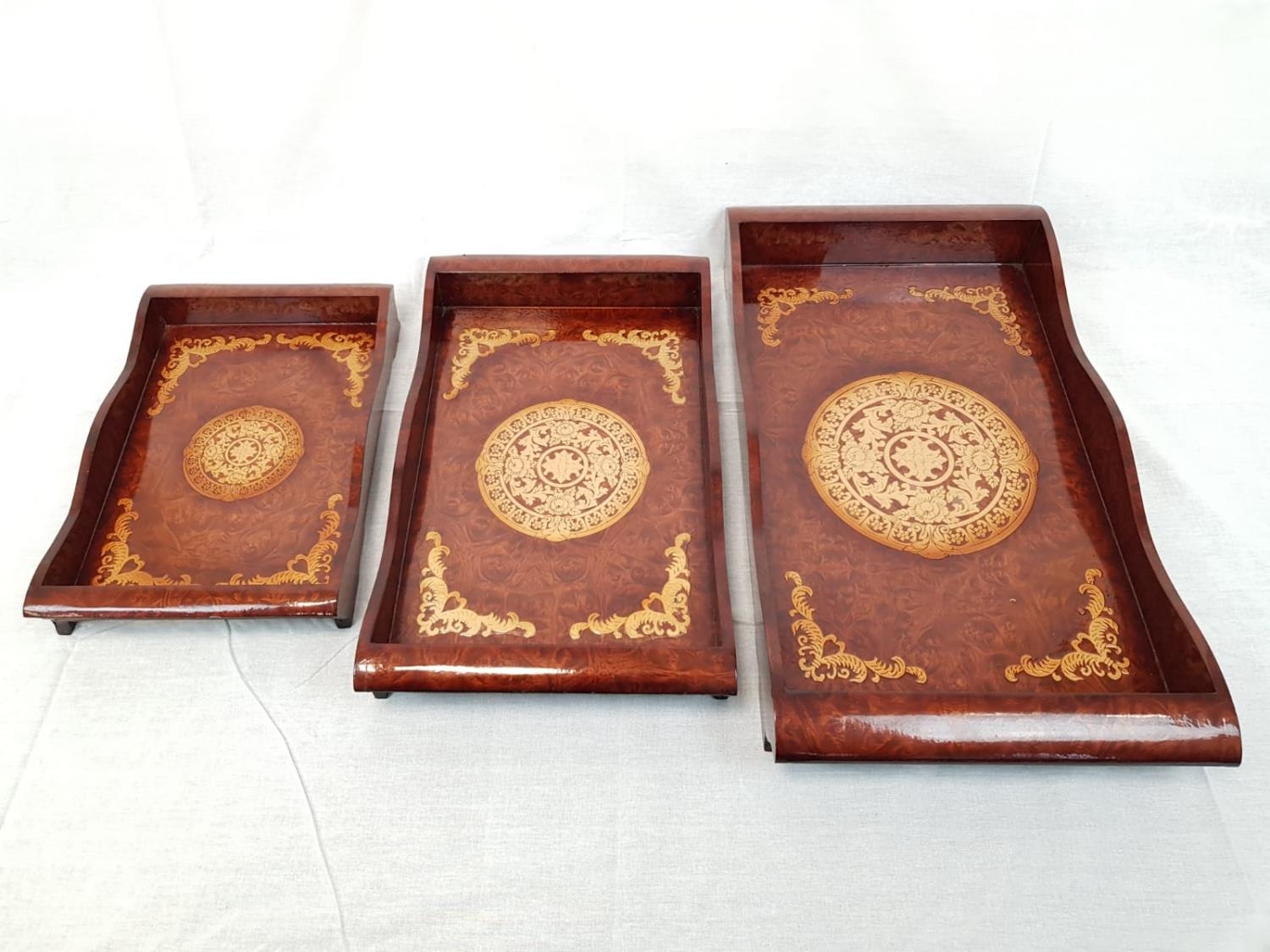 3x lacquered wooden trays with decorative Chinese etchings, largest size 60x35cm approx