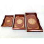 3x lacquered wooden trays with decorative Chinese etchings, largest size 60x35cm approx