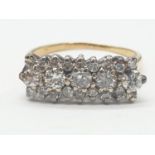 18ct yellow gold vintage ring with 5 large centre diamonds and 2 rows of 9 diamonds each side,