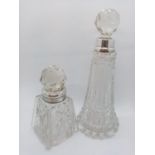 2 x Cut Glass SCENT BOTTLES. Silver Collars and also with original stoppers. Nice Art Deco style.