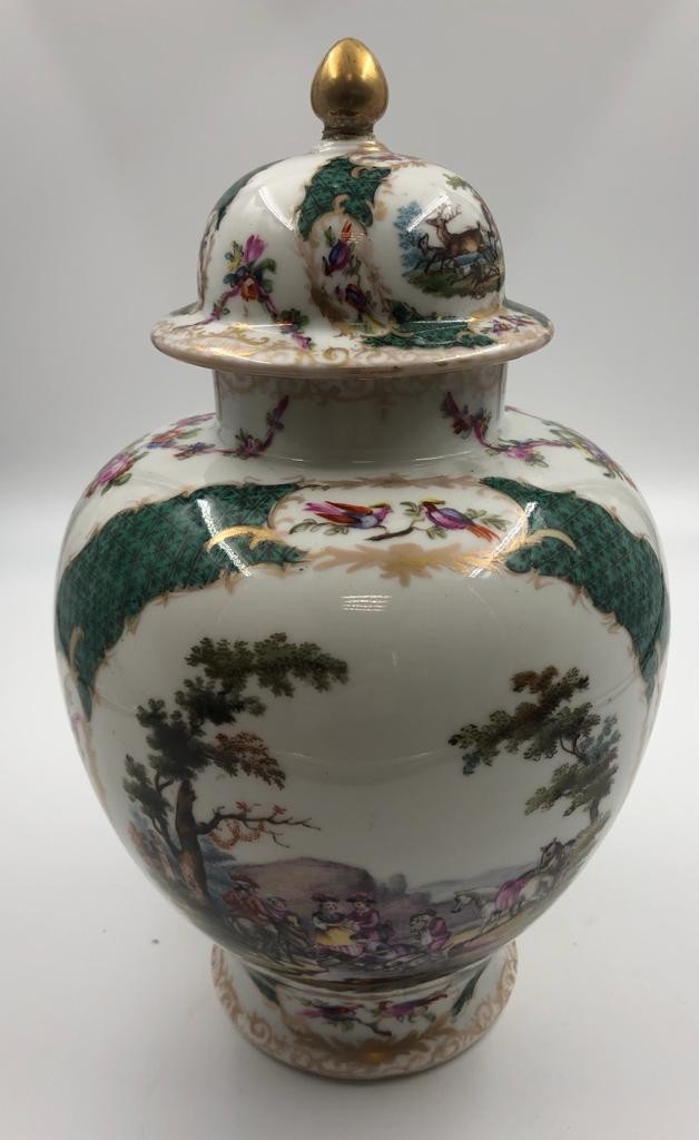 Pair of Augustus Rex, Meissen porcelain ginger jars late 19th century, hand painted with gilt - Image 3 of 12