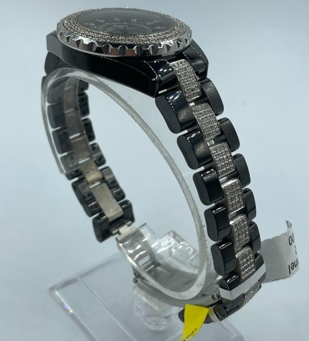 Chanel ceramic quart watch, black face with full diamond bezel and strap - Image 2 of 3