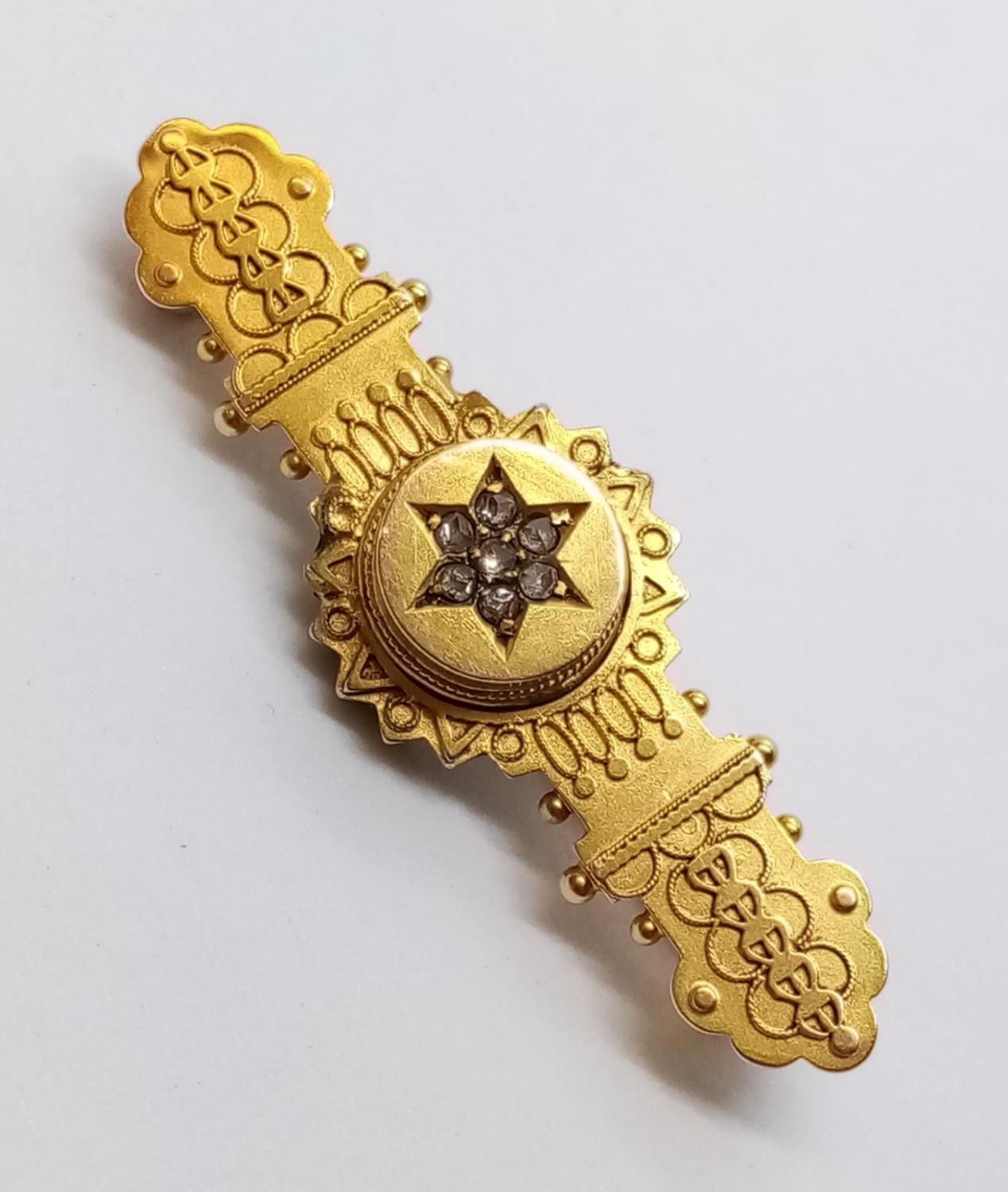Antique 15ct BAR BROOCH with Diamonds. 4.7g 4.5cm wide.