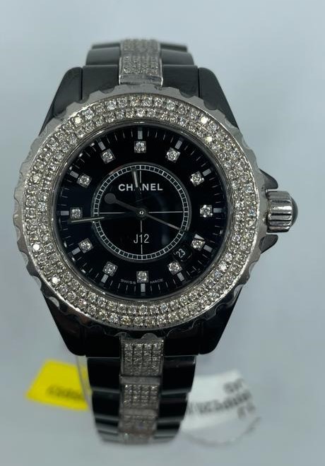 Chanel ceramic quart watch, black face with full diamond bezel and strap