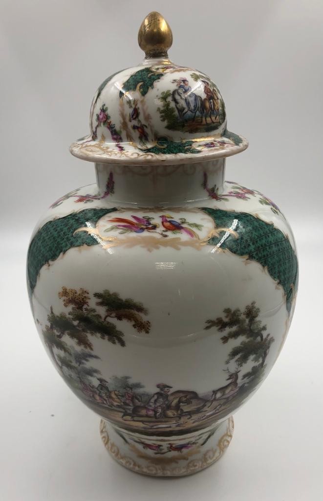 Pair of Augustus Rex, Meissen porcelain ginger jars late 19th century, hand painted with gilt - Image 11 of 12