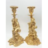 Pair of antique gilt bronze Ormolu candlesticks Rococo style (believed to be French), 11.5 inches