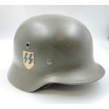 WW2 German Hand Rendered Single Decal Waffen SS M40 Helmet. Stamped Q64 for the Quist factory in