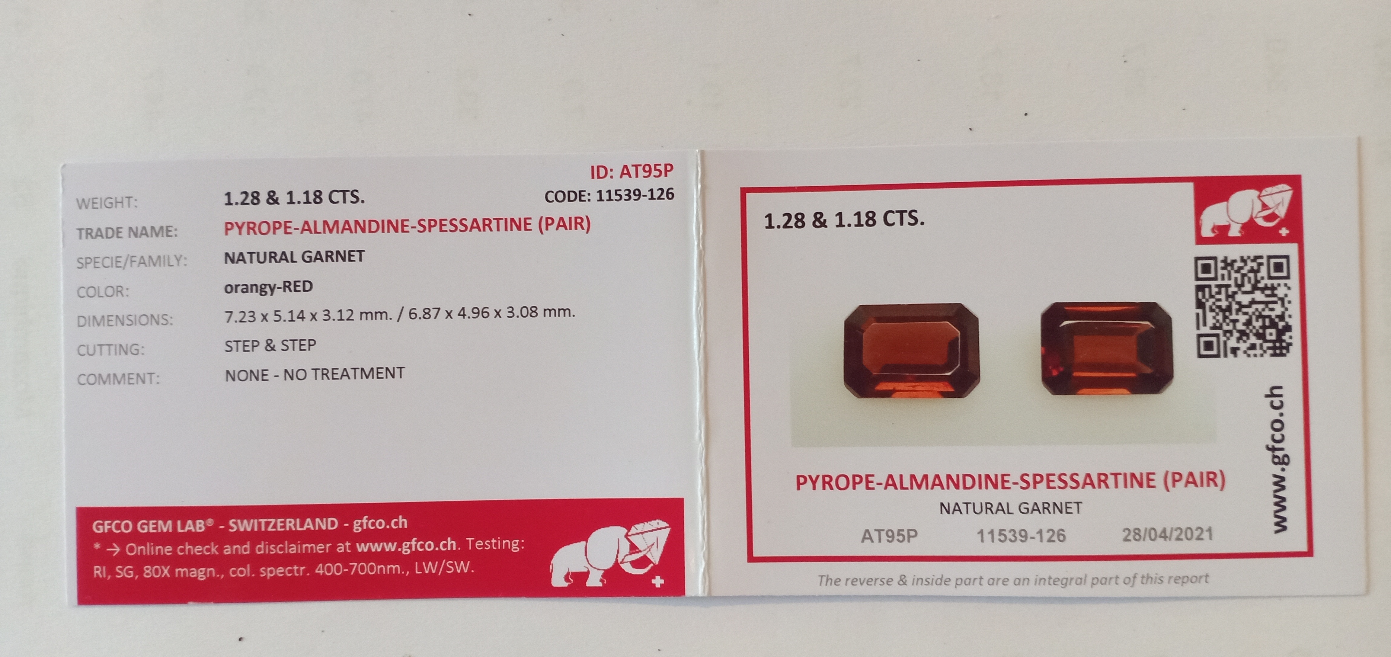 PAIR OF NATURAL SPESSARTITES - NAMIBIA - 2.06 Cts - Certificate GFCO Swiss Laboratory - Image 3 of 3