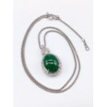 18ct White Gold and Diamond PENDANT with Emerald Cabochon Stone on a 46cm 18ct Gold CHAIN. 12.1g