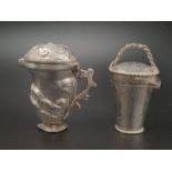 2 Silver Cruet Pieces. A Miniature Bucket with removable lid and a Tankard with Ornate decoration.