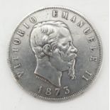 Silver 1873 Italian five Lire, Vittorio Emanuele II coin. Clear detail and definition with raised