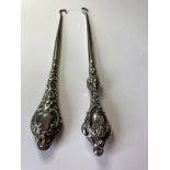 2 x Silver Handled Antique Victorian/Edwardian Hallmarked BUTTONERS. Having ornate scroll work to