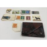 Vintage British made Leather Purse Containing 10 assorted Postage STAMPS