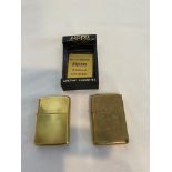 2 x Vintage ZIPPO LIGHTERS, 1 x solid brass, 1 x chased design.