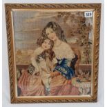Baroque Framed TAPESTRY. Mother/Daughter/dog and cat. 46 x 50 cm. Late 19th / Early 20th Century.