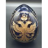 A Russian, Faberge style, cobalt blue, crystal egg, engraved and gilded with the Romanov coat of