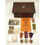 Old Wooden Box with hand painted S.A.S badge, containing a set of medals comprising of 1939-45 Star,