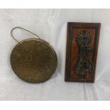 Vintage possibly Burmese brass dinner gong on string with brass dragon figurine wall mount, 20cm