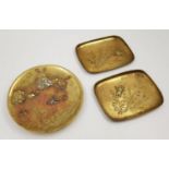 3 Brass Japanese (Meije Period) Decorated plates/plaques. 2x 11cm. 1 x 12cm diameter.