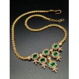 21ct Yellow Gold NECKLACE with Diamonds and Emeralds. 36cm in total. 32.1g.