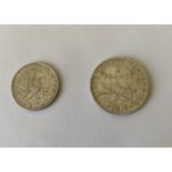 2 x Silver French coins. 1 x 1 franc 1915, 1 x 2 franc 1919. Very fine condition.