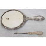 A White-Metal Antique Hand Mirror and Manicure. Beautiful Ornate design. Slight damage to the
