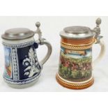 A Pair of Decorated German Ceramic Beer Steins. 15cm tall.