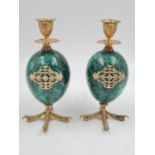 A PAIR OF ANTIQUE RUSSIAN SILVER AND MALACHITE ORNATE CANDLESTICKS WITH CLAW FEET , STANDING 13