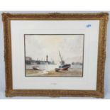 A DON MICKLETHWAITE WATER COLOUR OF LOW TIDE IN THE HARBOUR 40 X 30CMS (PICTURE SIZE) 55 X 65 CMS (