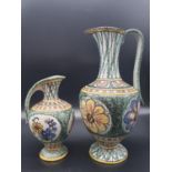A Vintage Pair of Ruscha, West German Jugs. Hand-Painted with floral decoration. 28 and 19cm. Marked
