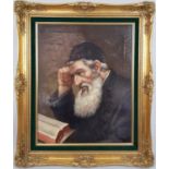 Vintage Oil on Canvas by Jewish Artist J. Rut. Portrait of a Rabbi in deep thought. Beautiful Gilded