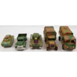 5 Vintage Tin Plate Army Toys. Truck 18cm long.