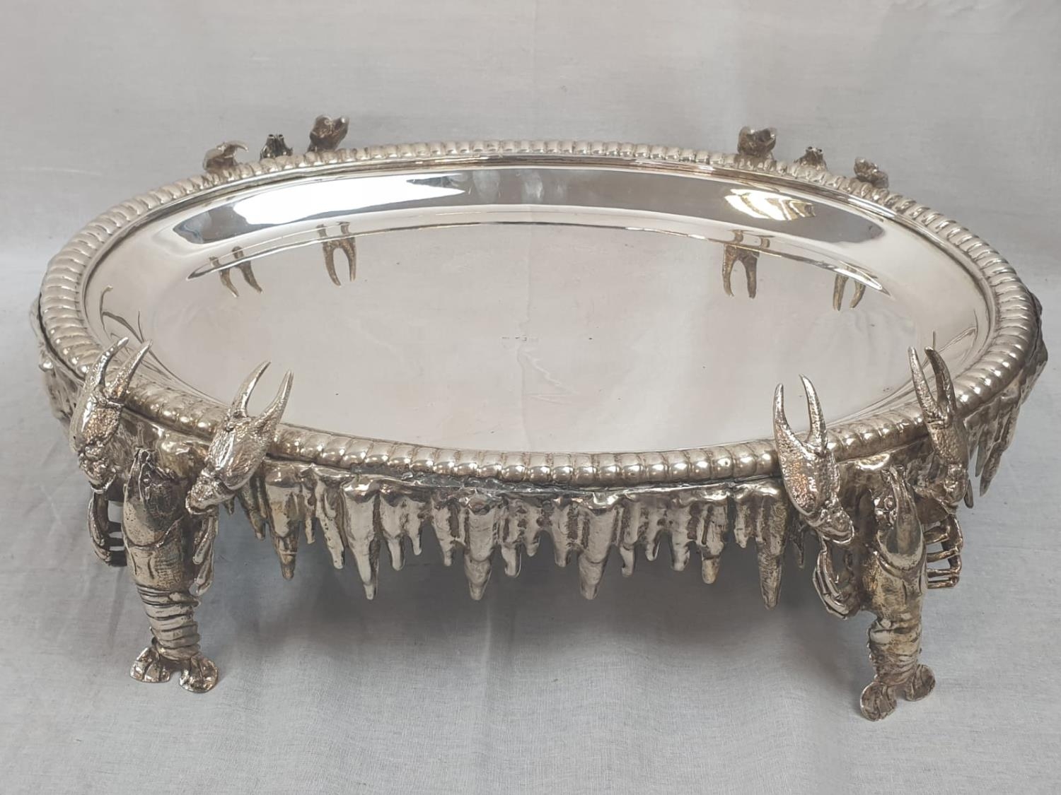 A VERY RARE SPANISH SILVER LOBSTER SERVING TRAY CIRCA 1920 , 4.2KG AND 50 X 35 CMS. AN INTERESTING