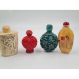 Four Chinese, snuff/perfume bottles, including: ? A Peking glass bottle with drawings of naked