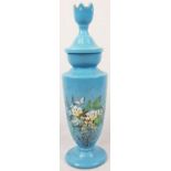 A 19th Century Czech Bohemian Turquoise Hand-Painted Vase. Crown Lid, elegant floral design. 50cm