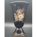 A BLACK GRECIAN VASE HAND MADE AND TRIMMED WITH 24CT GOLD PLATING 26cms TALL