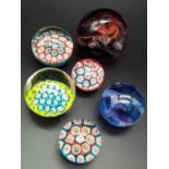A Selection of 6 Colourful Glass Paperweights. 8cm largest diameter.