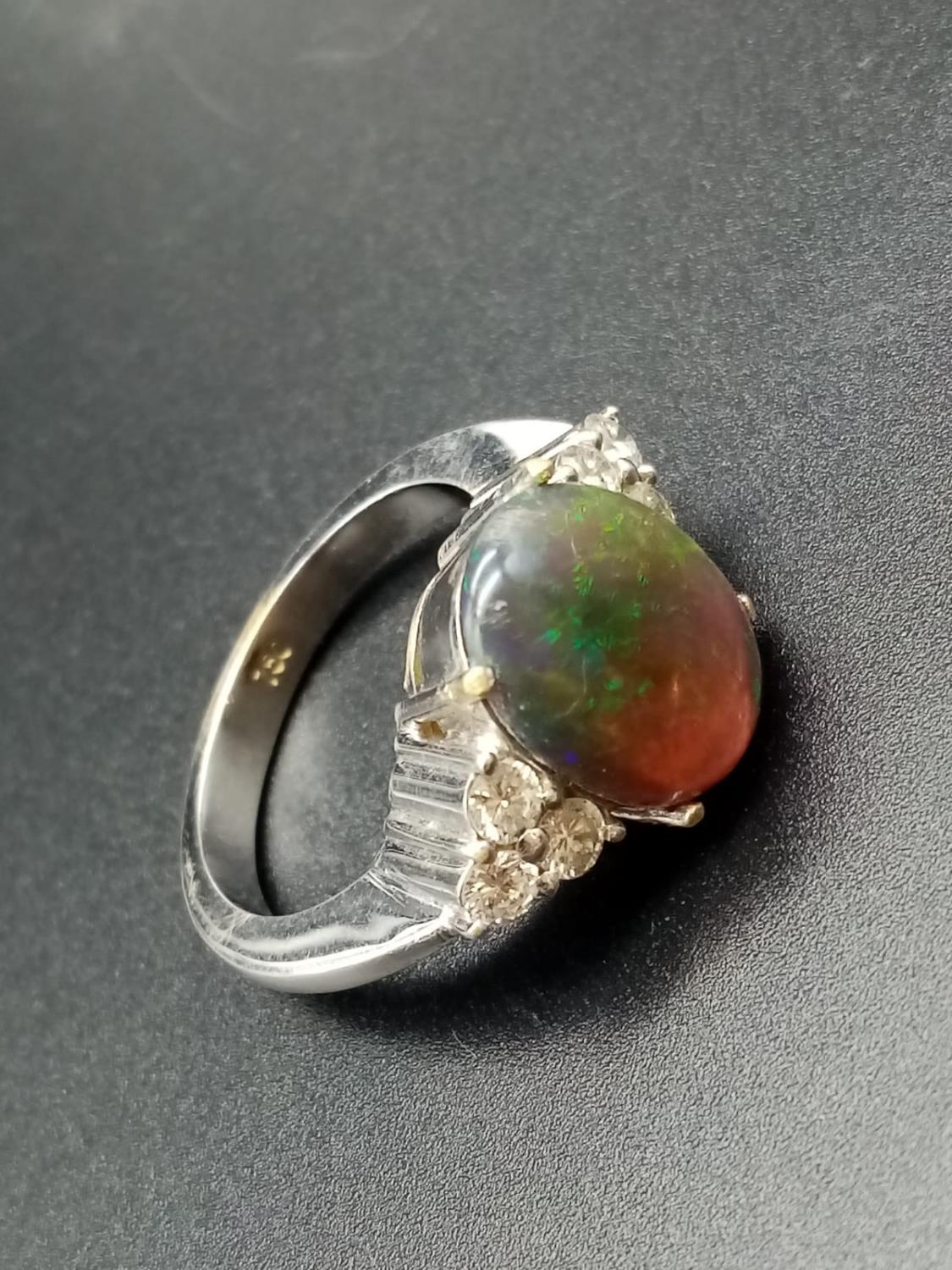 18ct white gold opal ring, 10x12mm opal centre and diamonds on shoulders, weight 10g and size N1/2 - Image 2 of 8