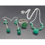 A collection of emerald drops necklace with matching earrings and emerald ring size O