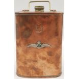 WW1 Copper Hot Drinks Flask with a silver R.F.C badge soldiered on it. This would have been used for