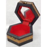 Decorated Lacquered Wooden Hexagonal Spanish Trinket Box. Red felt interior plus hexagonal mirror.