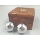 Hand Carved Indian Wooden Box with Two Metal Meditation Balls. 10 x 10cm