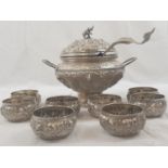 AN 11 PIECE ANTIQUE BURMESE SILVER PUNCH BOWL BEAUTIFULLY ENGRAVED WITH ORIENTAL GODS AND TOPPED