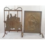 A Pair of Vintage Brass and Iron Fire Screens with relief images of a Stagecoach Party and a Ship at