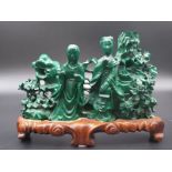CHINESE HAND CARVED MALACHITE WITH FIGURES ,FLOWERS AND ROCKERY ON ORIGINAL ROSEWOOD BASE 15.5CMS