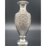 antique Persian silver vase carved with birds and flowers 169gmd and 50cms in height. 84 parvaresh