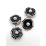 Art deco styled pearl and black onyx platinum cufflinks, weight 11.9g