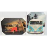 A Pair of 3d VW Camper Van Pictures. As new, still wrapped. Backed on wood. 29 x 39cm.