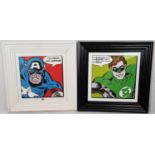 Pair of Marvel Comics Glass Covered Art Works. The Green Lantern and Captain America. Framed, 55 x